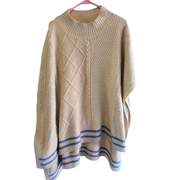 Free People Poncho OS Womens Pullover Tan With Blue Ribbed Top Boho Lagen Look - Picture 1 of 6